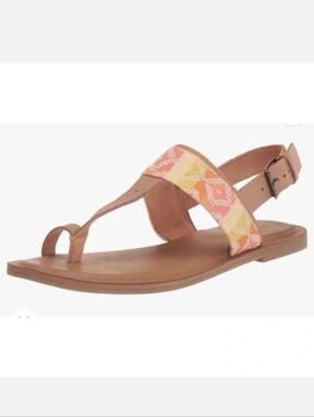 TOMS Bree Sandals Womens 9 Beige Leather Chevron Boho Toe Loop Comfort